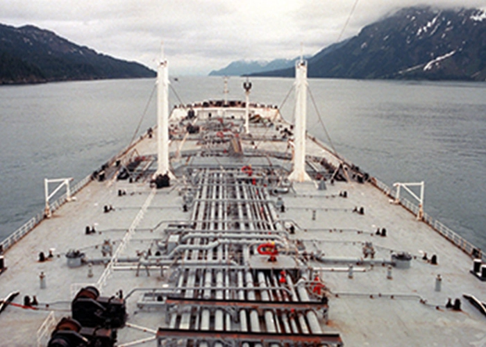 The deck of the fully loaded Arco Anchorage during a storm.